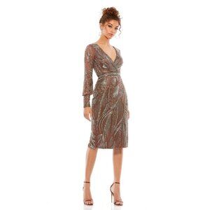 MAC DUGGAL Size 0 Brown 5295 BEADED LONG SLEEVE MIDI COCKTAIL Party DRESS  New